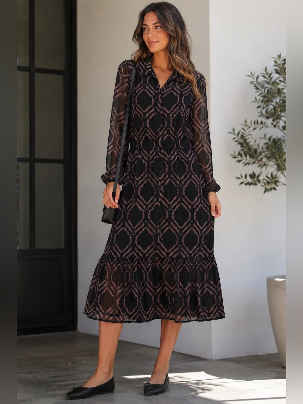 Evereve | Black Midi Dress with Brown Geometric Print
